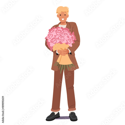 Romantic young guy cartoon character standing with flower gift in hands isolated on white background