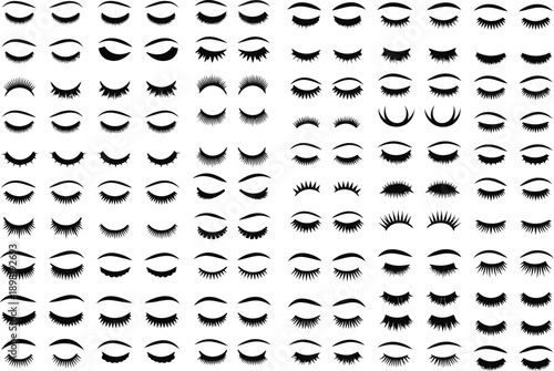 Large collection of stylized black and white closed and open eyes with diverse eyelashes.