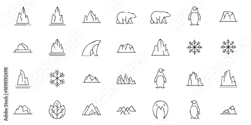 Collection of simple line icons depicting various mountain landscapes and wildlife in a minimalist style