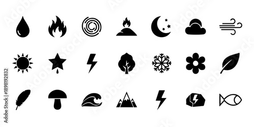 Collection of black icons representing various natural elements and weather phenomena on a white background