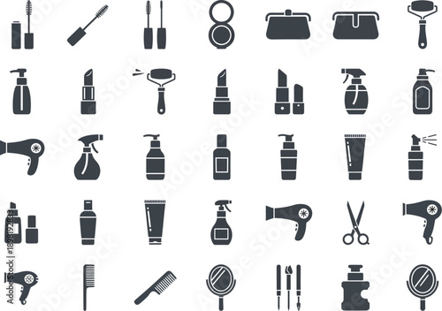 Dark grey silhouette icons for beauty and cosmetic products, including hair dryers, lipsticks, and mirrors.