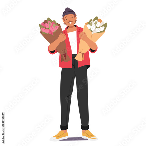 Happy smiling man cartoon character holding two bouquets of tulips isolated full-length portrait
