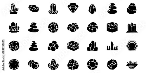 Collection of various mineral and gemstone icons in black and white, showcasing different types of stones and minerals in a grid layout.