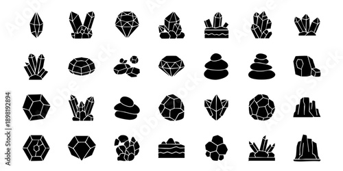 Collection of black and white icons representing various objects and concepts on a plain background
