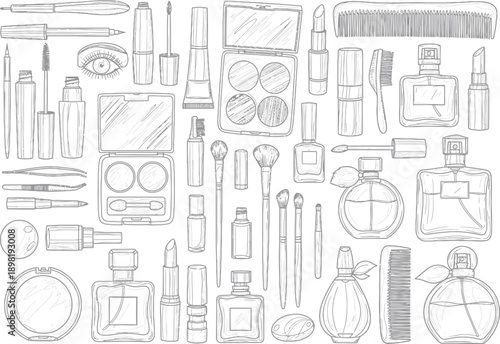 Elegant sketch of assorted makeup and beauty products, including lipsticks, perfumes, brushes, and compacts, in a clean, artistic style.