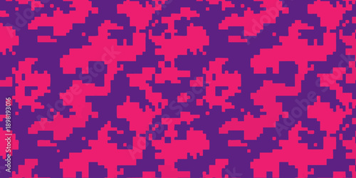 Vibrant pixelated pattern with pink and purple hues in a repeating camouflage design viewed from directly above showcasing digital artistry