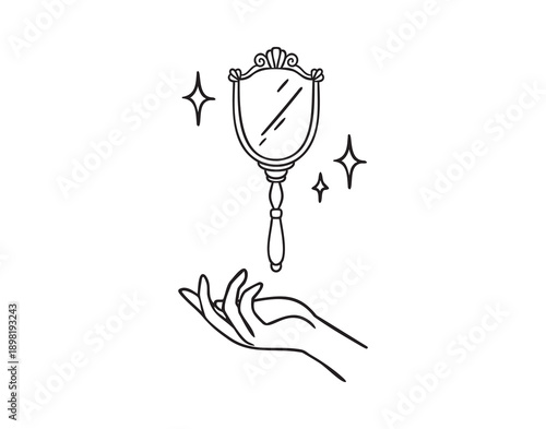 Hand holding a small ornate handheld mirror, monochrome line art hand drawn style