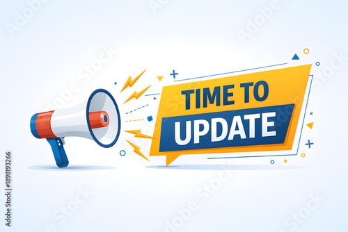 Time to update megaphone announcement banner with speech bubble illustration, business notification concept, marketing reminder message, system upgrade alert, software update promotion, communication 