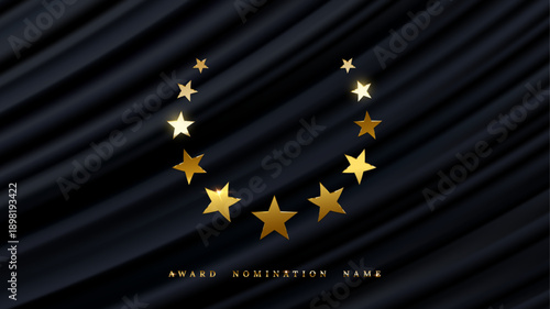 Award ceremony nomination name background. Gold star wreath on black wavy silk curtains backdrop. Prize event, celebration ceremony. Elegant premium vector illustration.