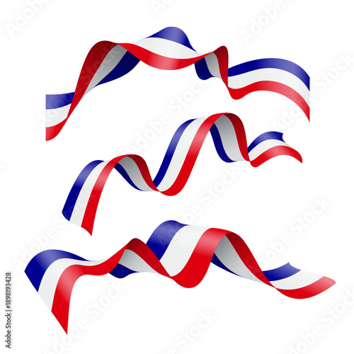 France flag ribbons set in blue, white, red colors. Wavy tricolor banners with soft curves and dynamic flow. Patriotic decorative elements for national celebrations. Realistic vector illustration.
