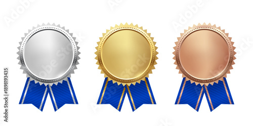 Gold, silver, and bronze medals. Realistic 3D award medals with blue ribbons, symbolizing first, second, and third place in sports, competitions, athletic events. Vector illustration.