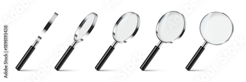 Magnifying glass set of five handled lenses in different angles and positions. 3D detailed loupe icons for search, zoom, inspection, scientific study concepts. Realistic vector illustration.
