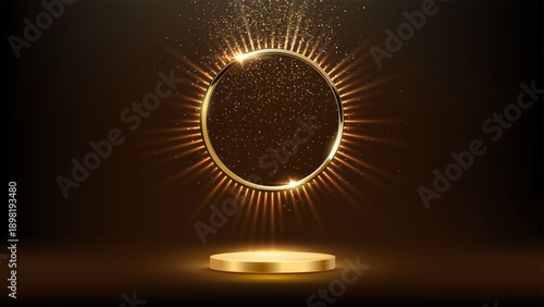 Golden award podium. Round gold pedestal with shining ring surrounded by radiant light rays and sparkling particles on dark. Luxury presentation stage. Abstract premium vector illustration.