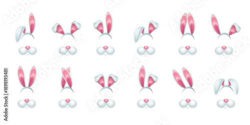 Easter bunny ears and nose set. Pink white rabbit ear headbands with matching noses in multiple variations. Cute festive elements for Easter themes, decorations. Realistic pastel vector illustration.