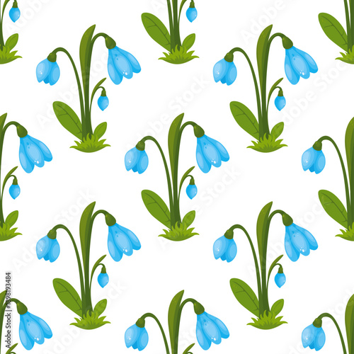 Cartoon snowdrops in a seamless pattern. Spring flowers.