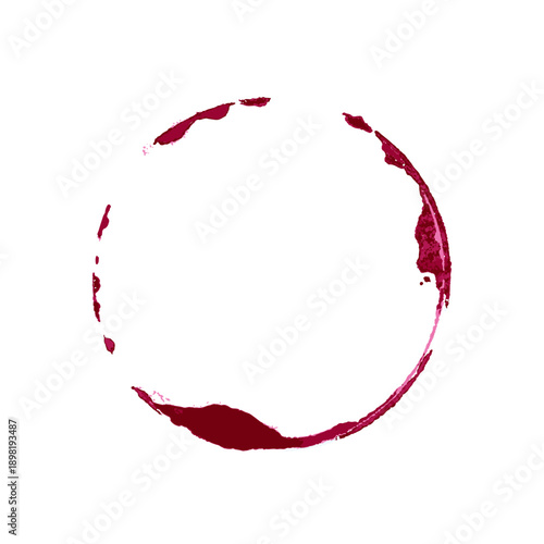 Wine glass stain. Red circular wine ring and splashes on white background. Realistic beverage mark for bar or restaurant design, menu decoration. Texture realistic vector illustration.