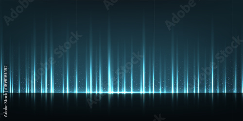 Award background. Blue silk curtain luxury backdrop. Color vertical draped satin cloth texture curtain on dark floor stage. Award, presentation scene. Elegant modern vector illustration.