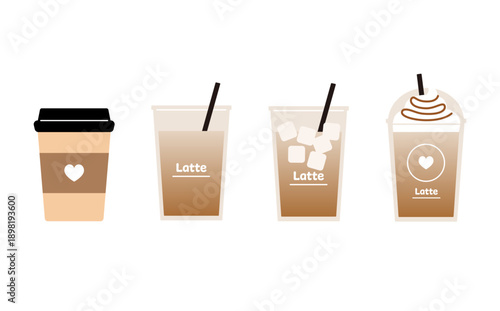 テイクアウト用カフェラテのベクターイラストセット。紙コップとストロー付きのカップ。