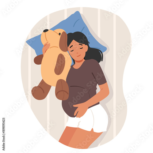 Relaxed young pregnant woman character sleeping while hugging big soft dog toy cartoon scene
