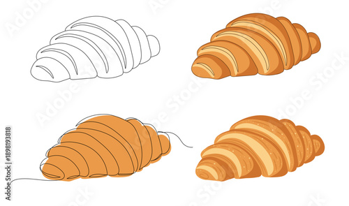 Hand drawn French croissant in different styles. Outline, line art, flat illustration of croissant bakery. Great for design menu cafe,bistro, restaurant, label and packaging