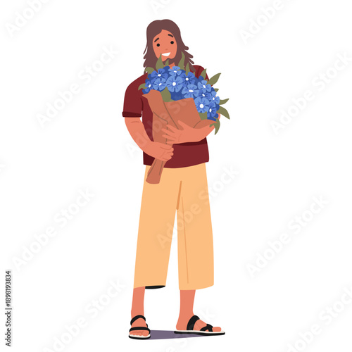 Young guy cartoon character holding cornflowers bloom in bouquet wrapping full-length portrait