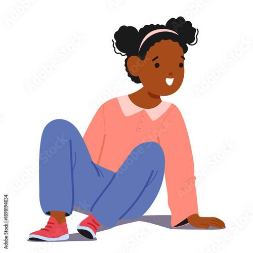 Curious African American little girl cartoon character sitting on floor isolated on white background