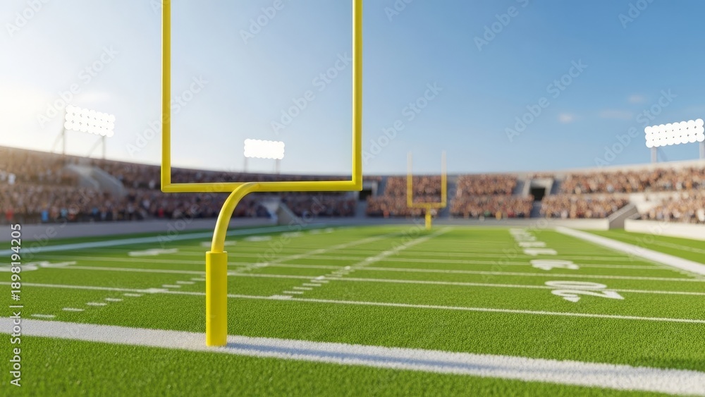 Fototapeta premium American football goalposts on a stadium field with blurred crowd