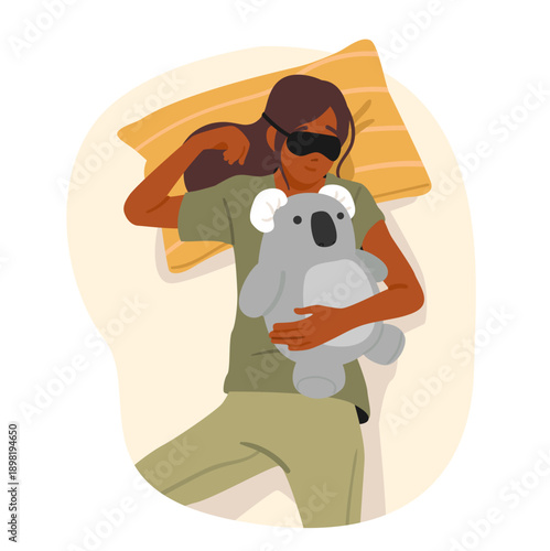 Teenage girl character in pajamas and facial sleep mask napping with cute koala toy cartoon scene