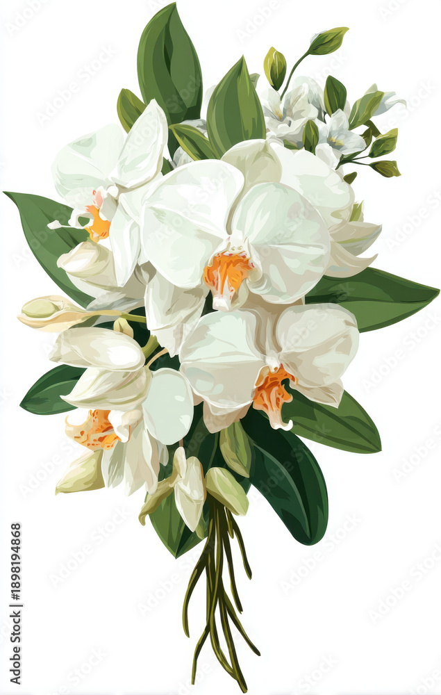 Naklejka premium Beautiful white orchid wedding bouquet featuring lush green leaves and delicate buds, perfect for romantic occasion. This elegant arrangement symbolizes love and purity, making it ideal choice