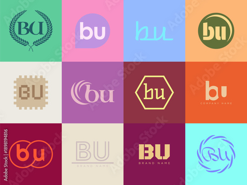 BU logo company template. Letter b and u logotype. Set different classic serif lettering and modern bold text with design elements. Initial font typography.