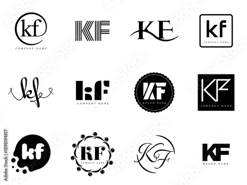 KF logo company template. Letter k and f logotype. Set different classic serif lettering and modern bold text with design elements. Initial font typography.