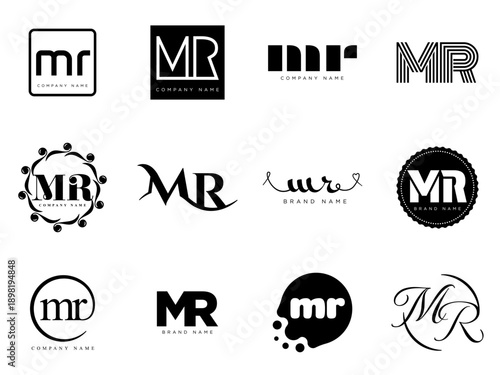 MR logo company template. Letter m and r logotype. Set different classic serif lettering and modern bold text with design elements. Initial font typography.