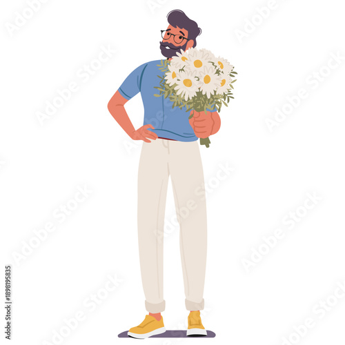 Adult guy cartoon character holding bouquet of daisy flowers in hands full-length portrait