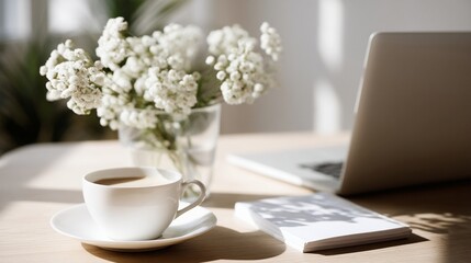 Cozy home office desk with coffee cup and laptop, soft morning sunlight and white flowers, calm productivity mood, remote work planning for spring and Mothers Day