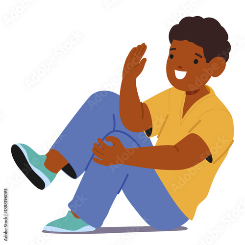 Happy boy cartoon character laughing infectiously and swings his body while sitting on floor