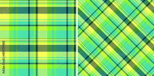 Pattern seamless check of vector tartan texture with a fabric plaid textile background. Set in neon colors. Stylish outfits for the family.