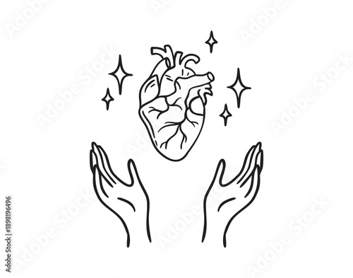 Two hands open, holding a human heart, monochrome line art hand drawn style