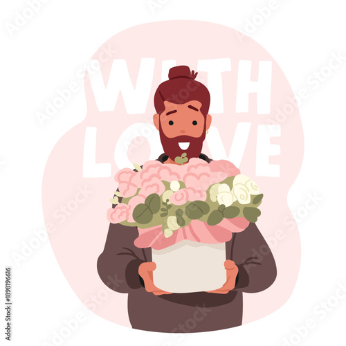 Hipster man cartoon character standing and holding beautiful flower composition in box for gift