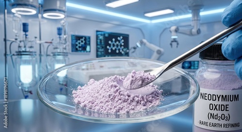 Scientist holding Neodymium Oxide Nd2O3 purple powder in laboratory for rare earth refining