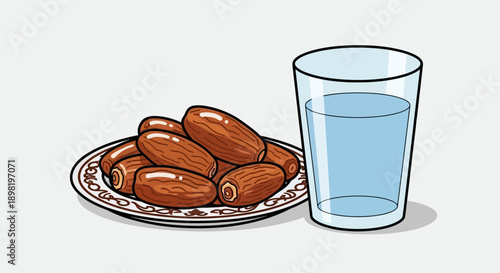 Iftar Fast Breaking Concept with Dates and Glass of Water Illustration