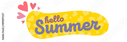 Hello Summer greeting banner set with yellow heart pattern and stitched borders, bright horizontal headers for seasonal sales and social media