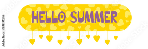 Hello Summer greeting banner set with yellow heart pattern and stitched borders, bright horizontal headers for seasonal sales and social media