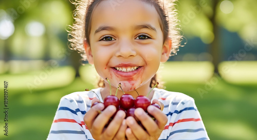 Happy Child Eating Fresh Red Cherries Outdoors, Joyful Summer Moment, Healthy Kids Snack