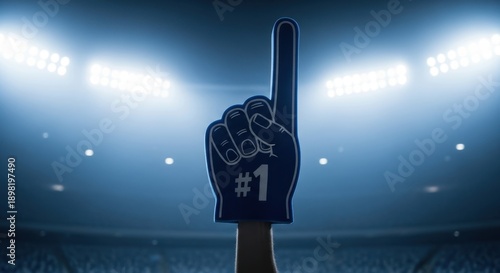 Super Bowl Fan with Number One Foam Finger in Stadium Lights