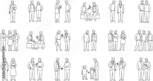 Black and white line art of people talking, discussing, and shaking hands, isolated on white background