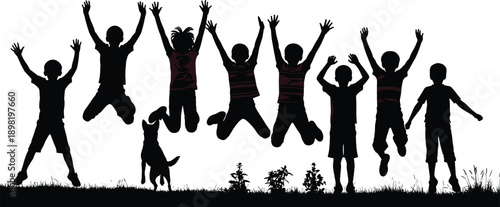 Black silhouettes of happy children jumping and playing together on grass with dog isolated on white background