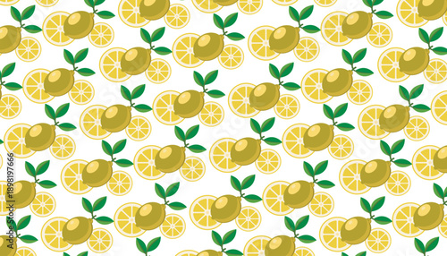 Fresh lemon fruit and citrus slices seamless pattern for kitchen wallpaper and decor