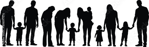 Black silhouettes of large family group with parents and children holding hands standing together isolated on white background, vector.