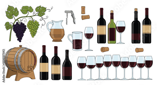Extensive collection of various wine bottles red wine glasses wooden barrel decanter and grape vines for winery and vineyard branding design.