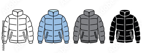 Four winter puffer jackets isolated on white background for fashion and retail